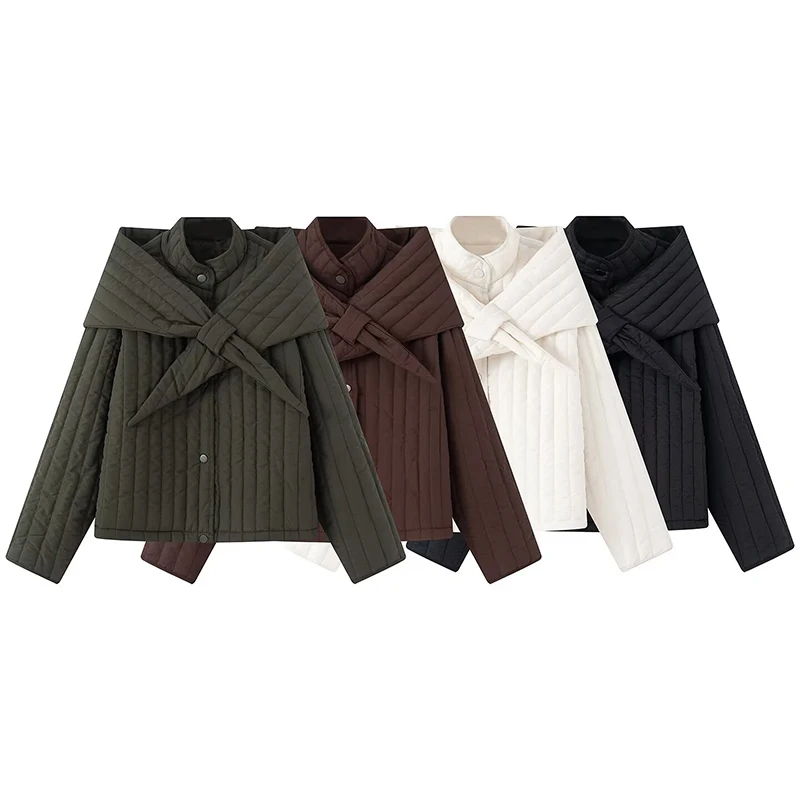 

2025 Autumn New Women's Clothing, stylish and unique, with a stand collar and detachable scarf cotton jacket.