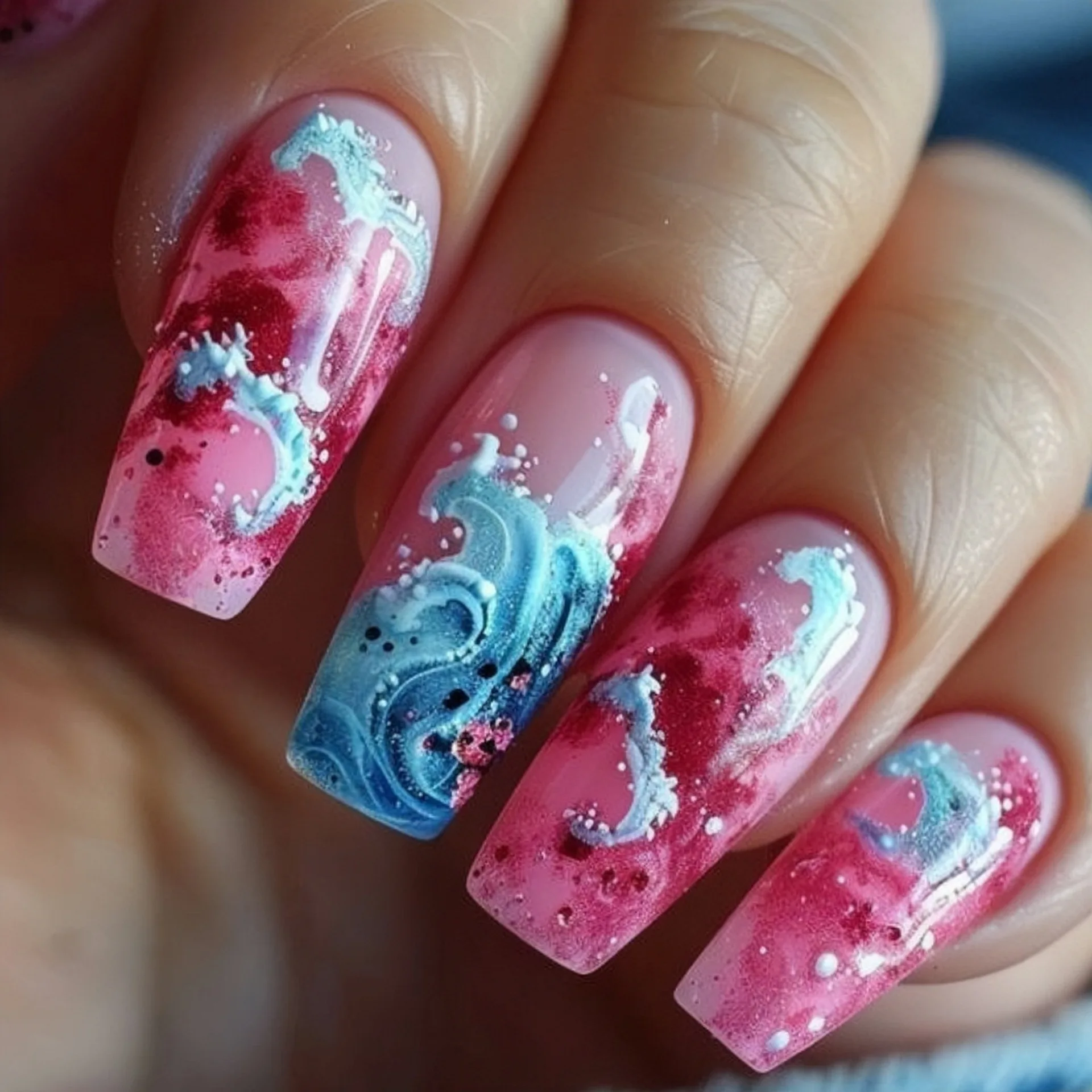 

24PCS Pink Ocean Gradient French False Nail with Glue Blue Blurred Medium Square Press on Nails Full Cover Wearable Manicure Art