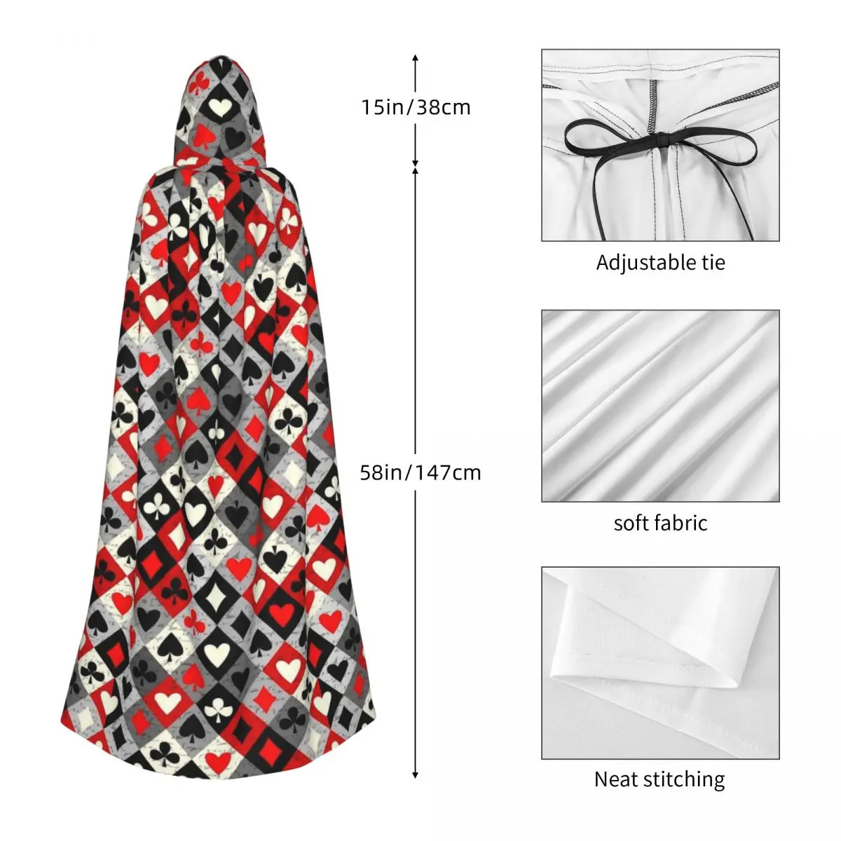 الآس من الماس أوراق اللعب قلوب البستوني طويل مقنعين عباءة الساحرة القرون الوسطى زي تأثيري كيب HalloweenParty الكبار للجنسين #3