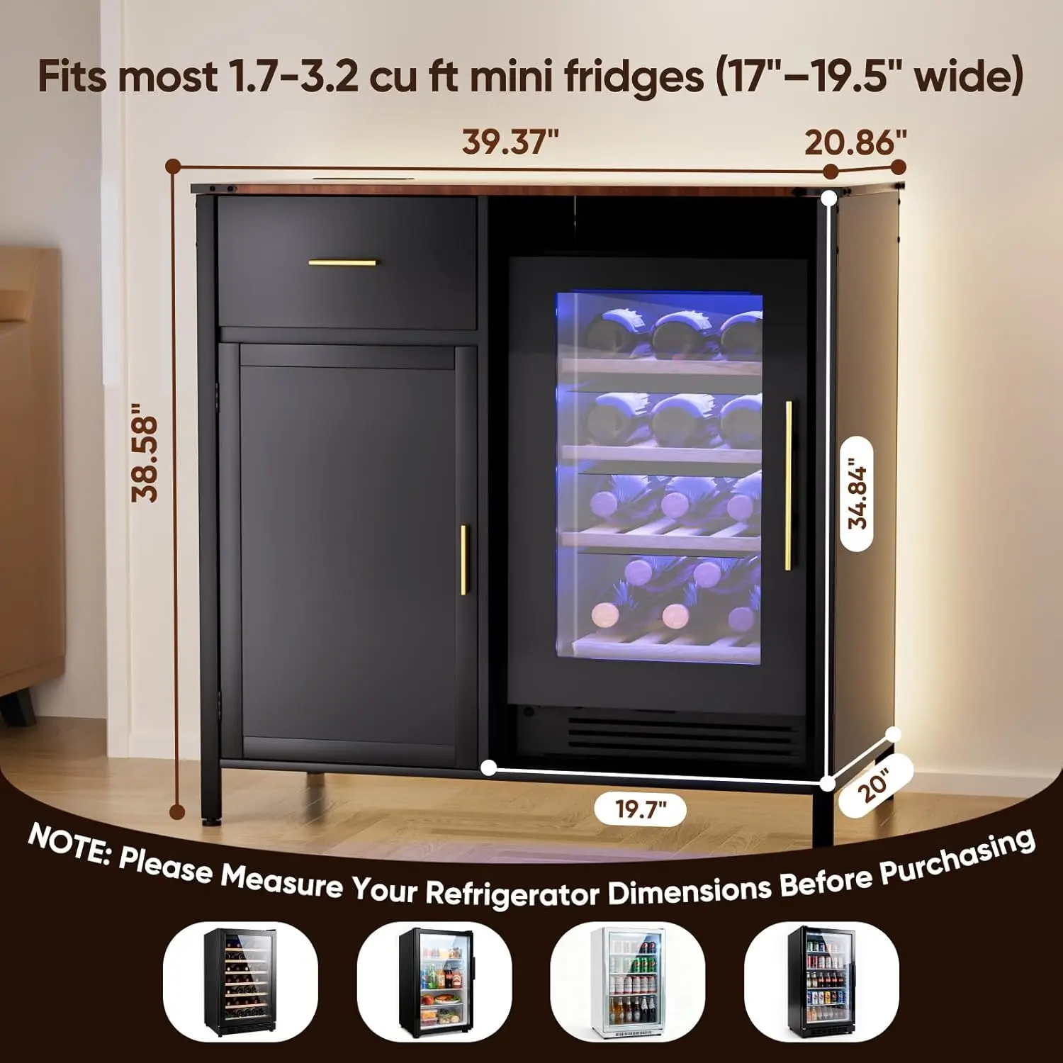 Coffee Bar Cabinet with Mini Fridge Space, Charging Station & LED Lights, 9 Grid Storage, Modern Wine Cabinet, Customized