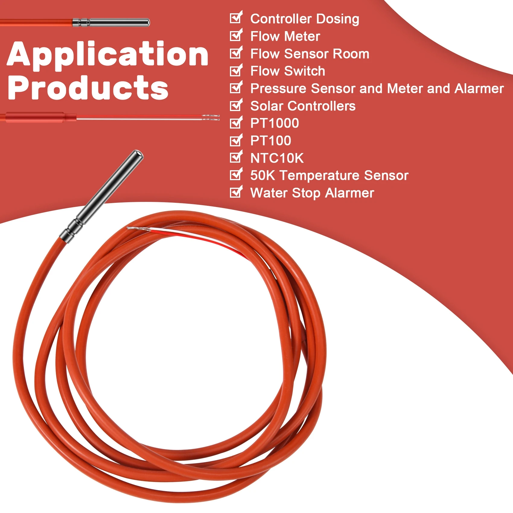 RUAI 2 Wire PT1000 Temperature Sensor Thermistor Silicone Gel Coated 1.5Meters Probe 45mm x 5mm -50-180 Centigrade RTDs