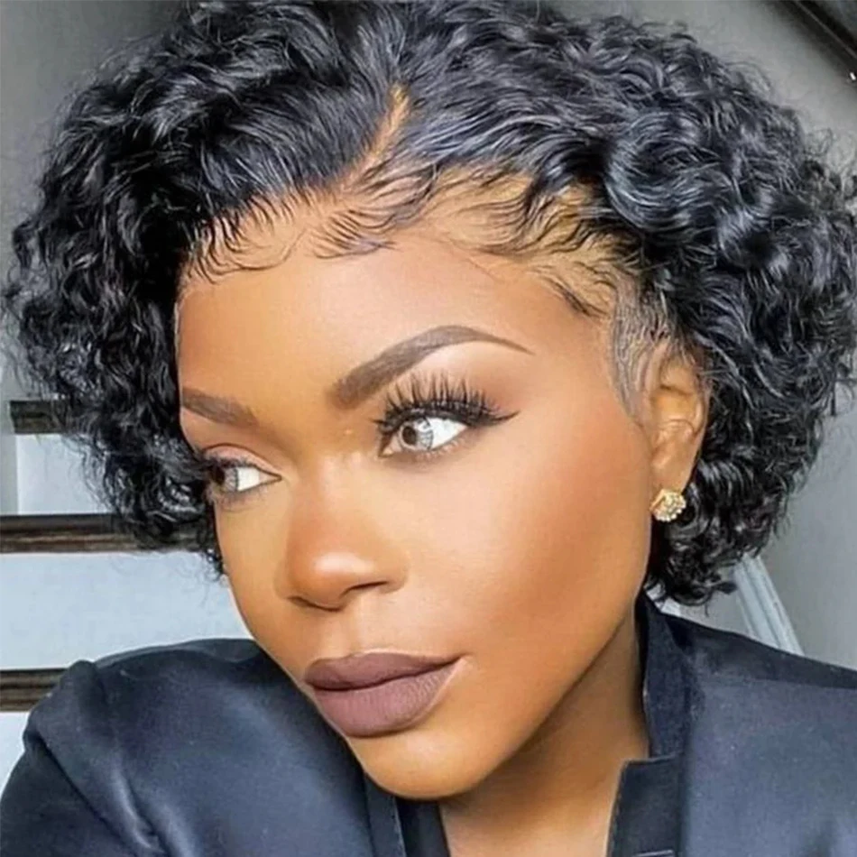 Pixie Cut Wig Short Bob Curly Human Hair Wigs perruque bresillienne Cheap 13X1 Transparent Lace Wig Water Deep Wave Human Hair