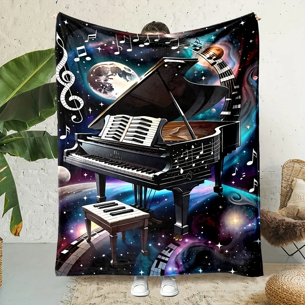 Cozy Galaxy Piano Music Blanket Throw Plush Aesthetic Decor Gift for Musicians Jazz Starry Night Bedroom Accent