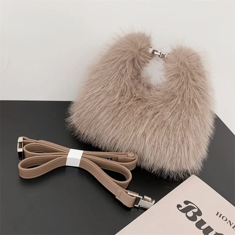 Simple Design Women Soft Plush Hobos Shoulder Bags Winter Furry Ladies Clutch Purse Handbag Fashion Female Underarm Evening Bag