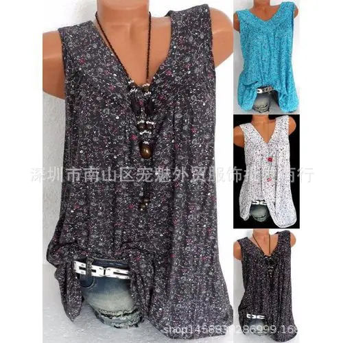 Amazon Ebay European Wish Fast Selling Women's Printed V-Neck Plus Size Top Stock Available Nylon Material Sleeveless T-Shirt