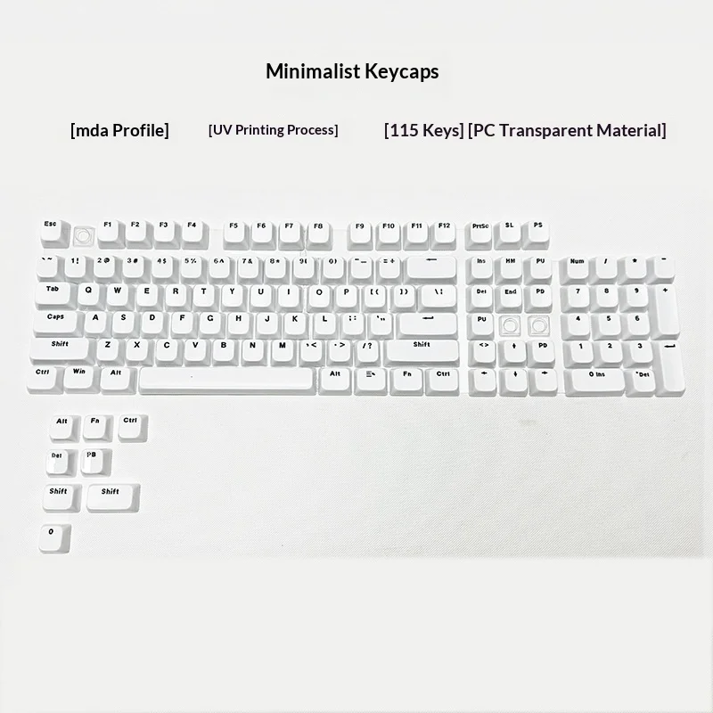 Minimalist white keycap MDA height small complete set of 115 key side engraved characters PC semi transparent illuminated