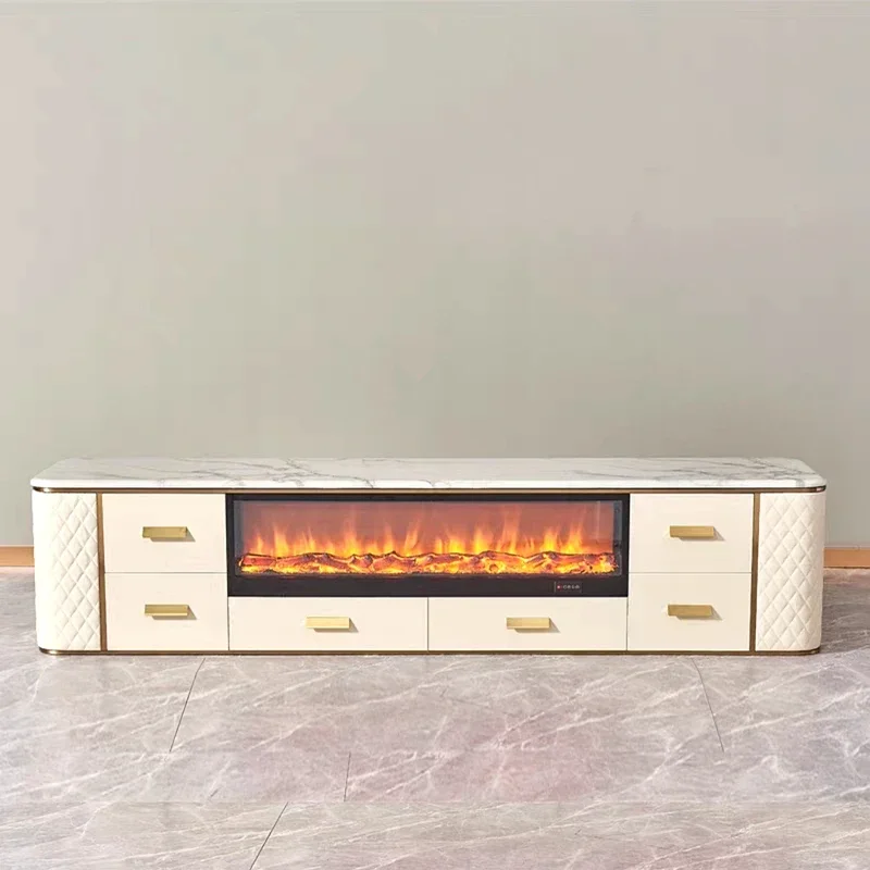 New Type TV Table with Fireplace Simulated Flame Sintered Stone TV Cabinet Living Room Household Storage Furniture