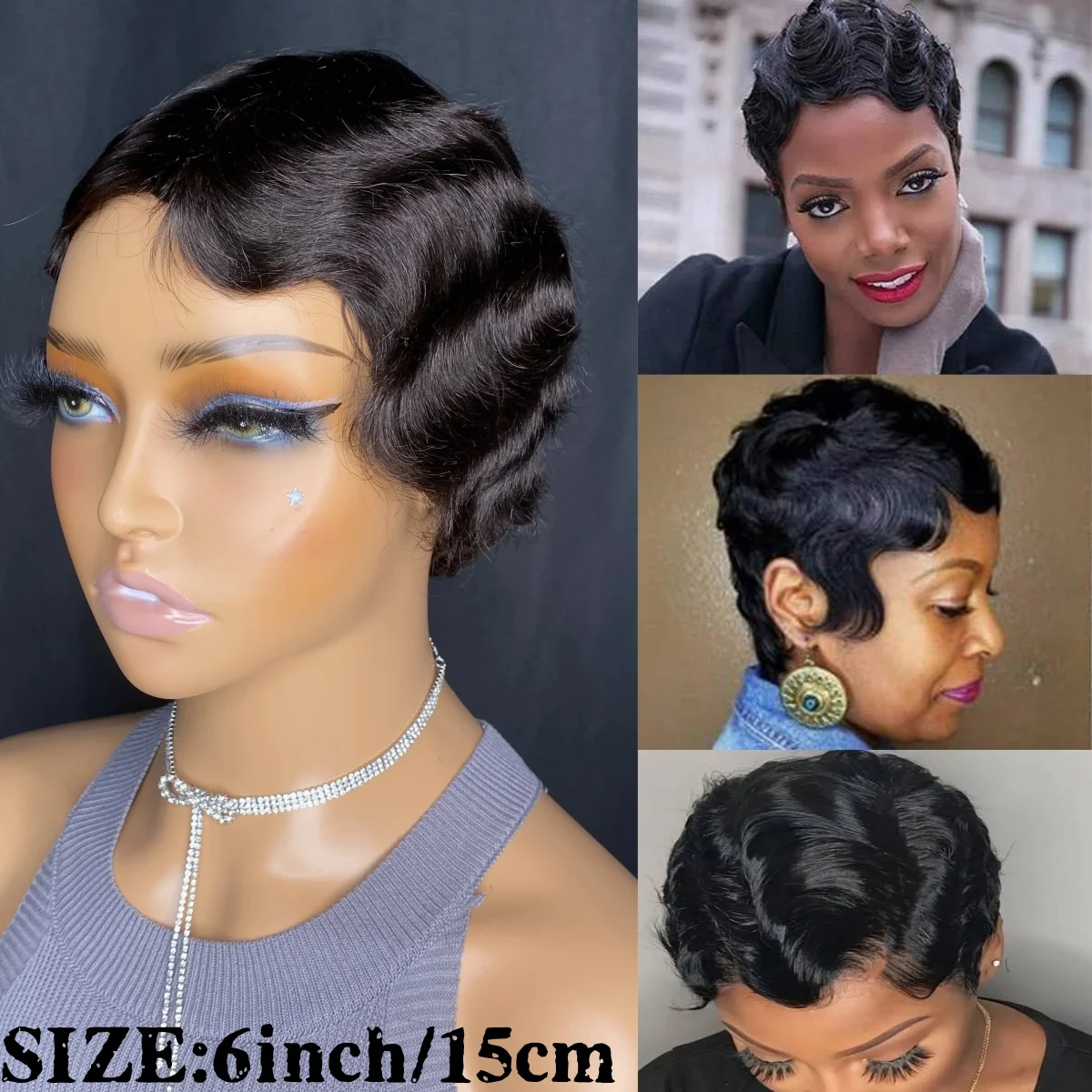 짧은 레이어드 픽시컷 인모 가발 앞머리 포함 자연스러운 검정색 풀 머신 메이드 가발