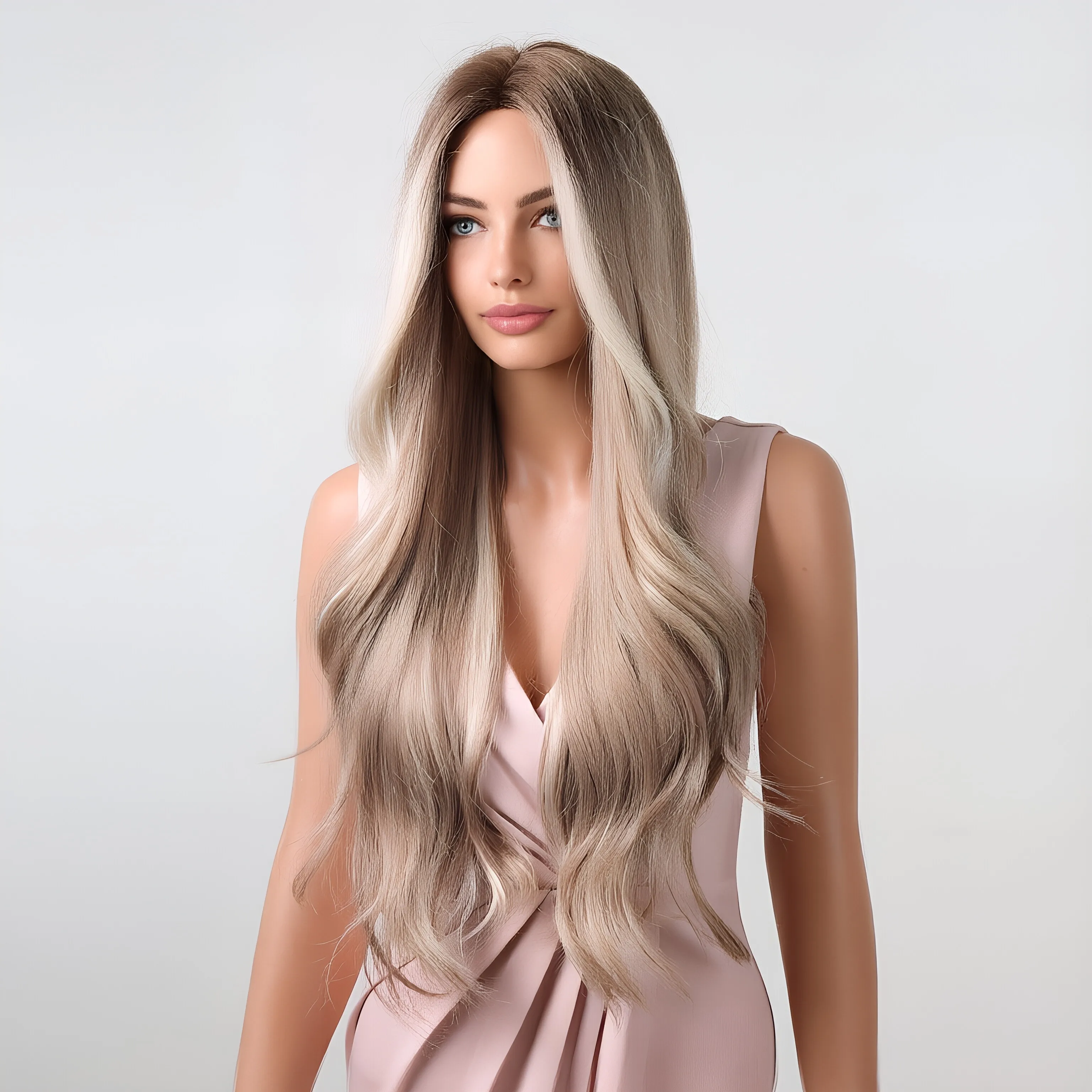 

Long Wavy Synthetic Wig for Women, Ash Blonde Ombre Middle Part Natural Look Hair Wig