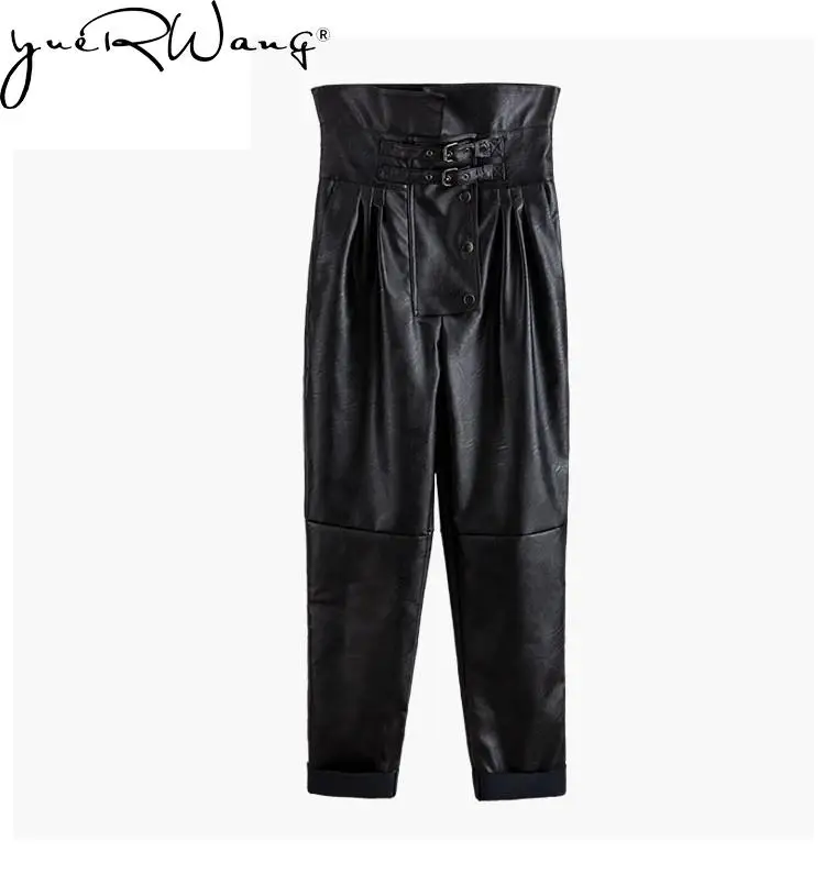 yuerwang Women Leather Pant Capris 2022 New Autumn Winter High Waist Loose Wide Leg Pants Fashion Ankle-Length PU Trousers New