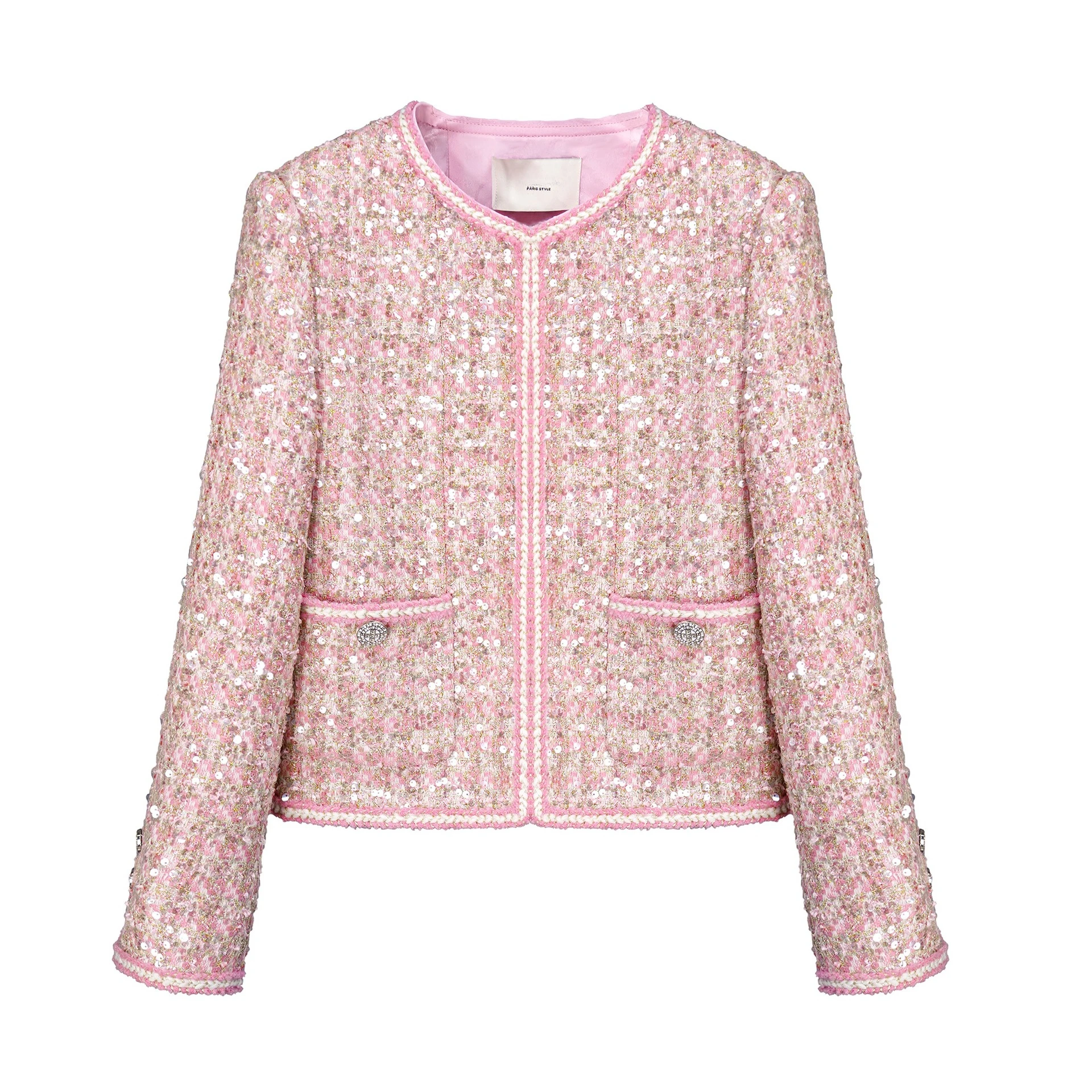 Luxury designer Spring and Autumn new French sequin coarse woolen coat pink round neck lace women coat winter coat