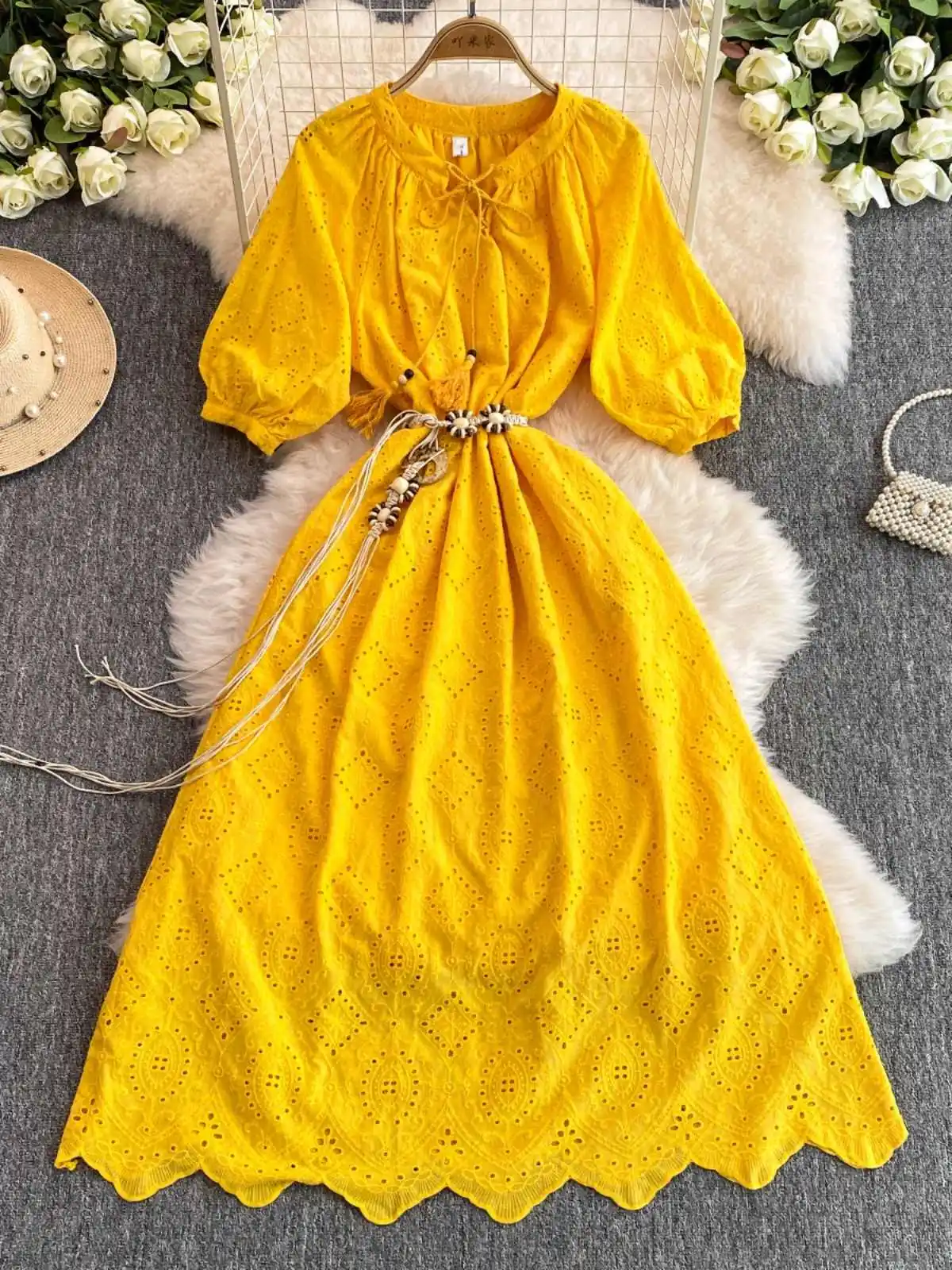 

French Style Solid Color Ladies' Dresses Summer High Waist Laceup Design Dress Loose Casual Commuting A-line Skirts
