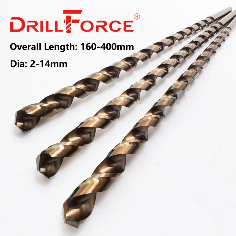 Drillforce Tools 1PC 2-14mm HSSCO 5% M35 Cobalt 160-400mm Długie wiertła kręte do stali nierdzewnej, stali stopowej i żeliwa