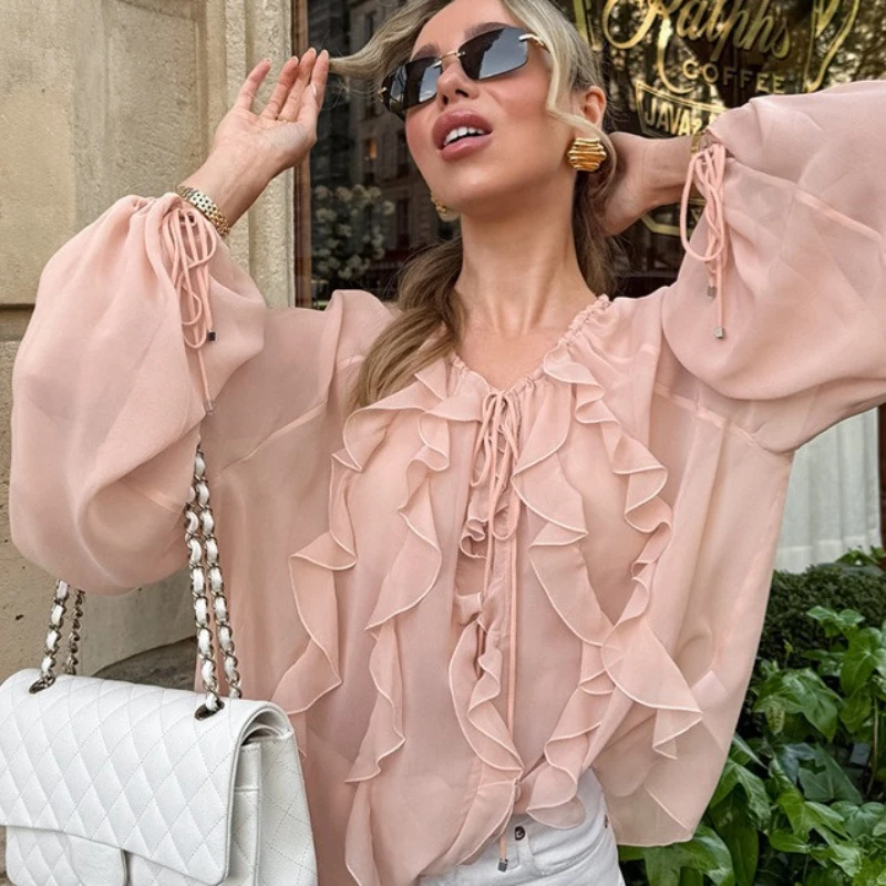 

Pink Chiffon V-neck Loose Ruffle Blouse 2025 European and American Summer Fashion New Style Women's Top