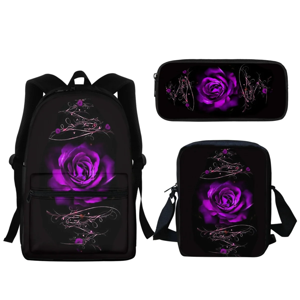 Gothic Rose Design กระเป๋าซิปกระเป๋าเป้สะพายหลังพร้อมถุงอาหารกลางวันนักเรียนวัยรุ่น Casual School กระเป๋าชุดดินสอกรณี Back to School ของขวัญ