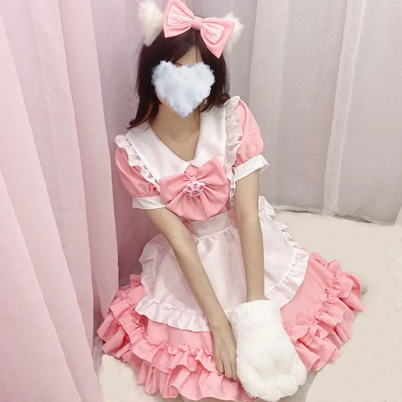 Student Lolita cosplay costumes kawaii cat paw pink bow apron maid outfits lace ruffles princess party dress Japanese clothing