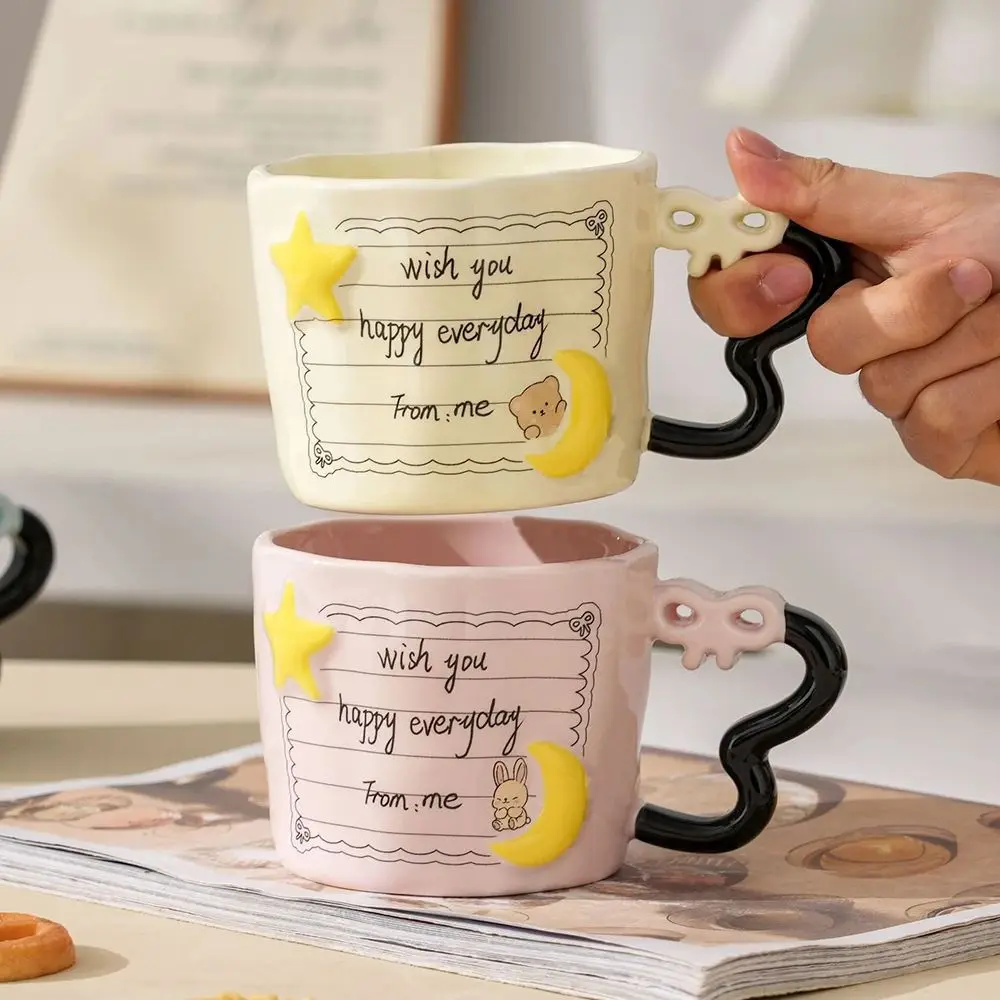 Cute 3D Star Moon Ceramic Coffee Mugs Home Office Daily Use Exquisite Creative Letter Print Porcelain Water Cups Bow Handle Mug