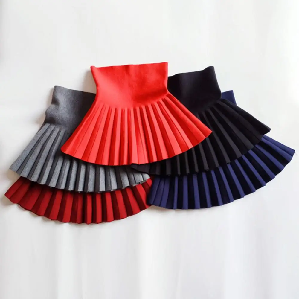 Pleated Skirt High Waist Solid Color Autumn Children School Girls Knit Bottoming