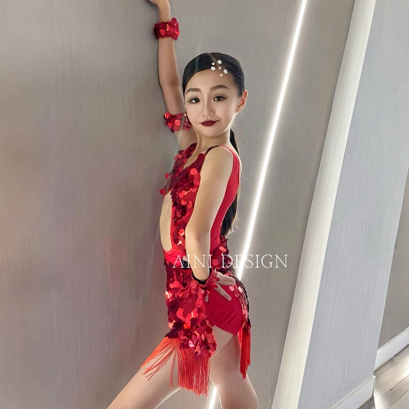 Children'S Performance Dancing Costume Girl Cutout Red Sequins Latin Dance Fringed Dress Kids Latin Dance Competition Wear 10626