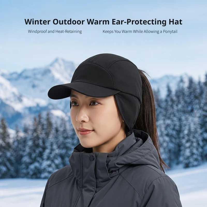 plush lined winter hat fleece ear guard windproof short brim baseball cap ponytail compatible warm headwear for outdoor running