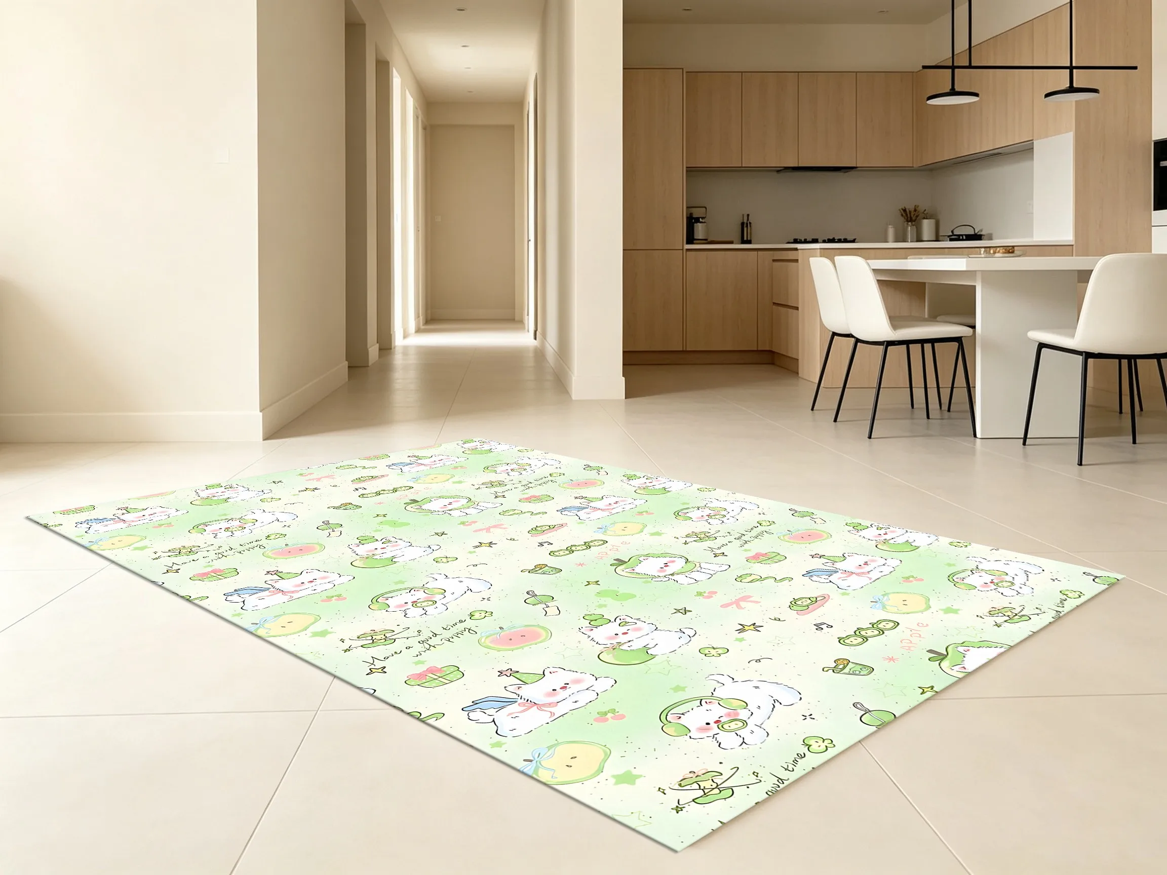 A Light Green, Hand-Painted Animal Print Rug with a Soft, Soothing Feel Perfect for Children's Rooms, Bedrooms, Bedside Areas, or Bay Windows. Creates a Fresh, Gentle, and Warm Atmosphere.