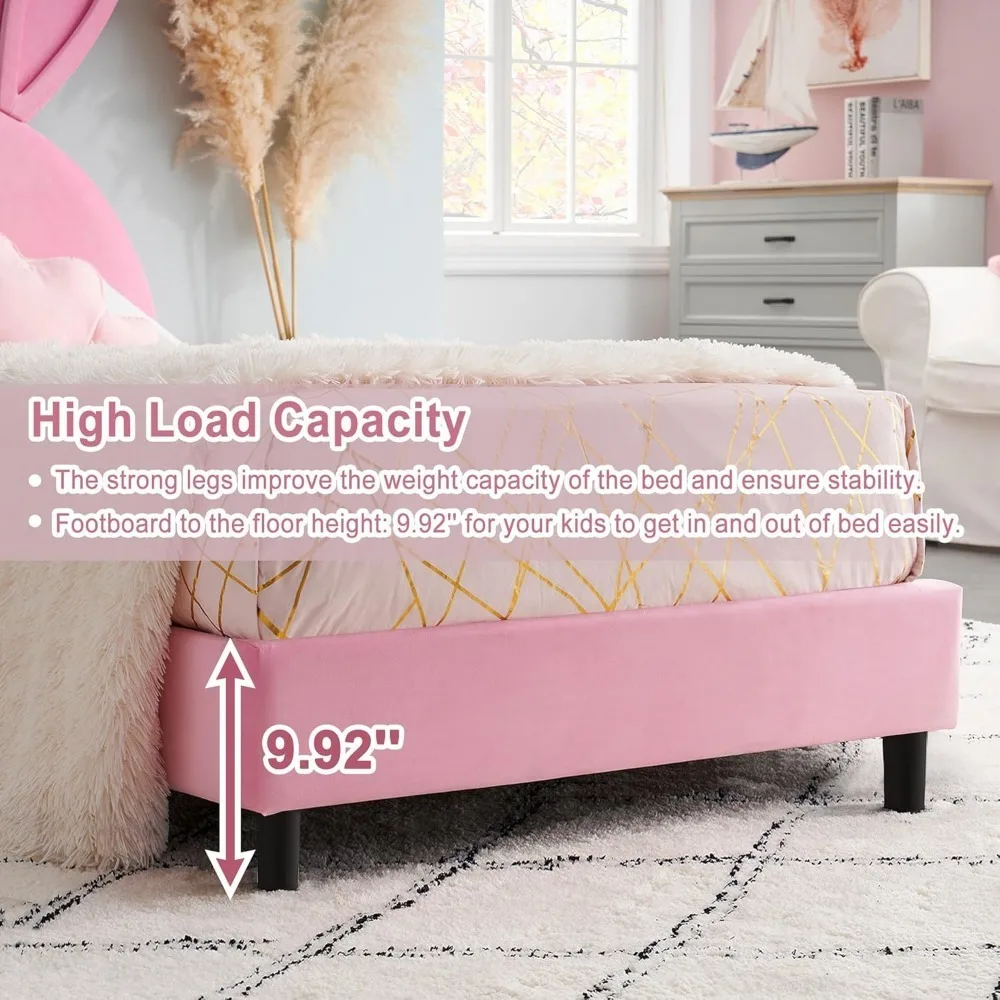 Kids Twin bed Frame with Upholstered Headboard, Princess Beds for Girls, 12 Wooden Slats Support, No Boxing Spring Needed