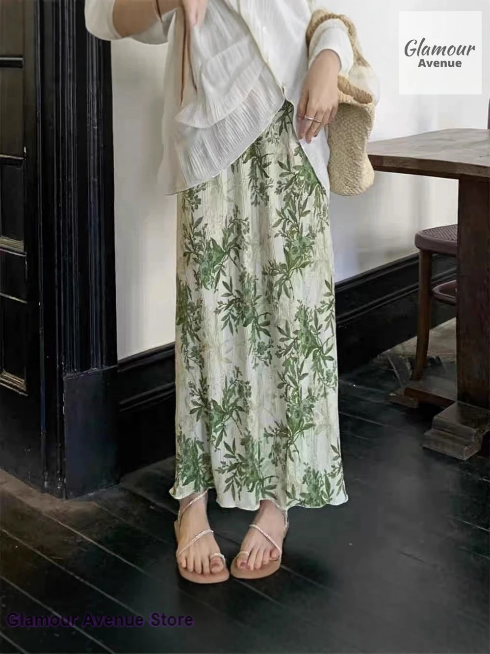 French green print fresh literary design sense half-length skirt women's summer new fashion high waist slim temperament skirt.