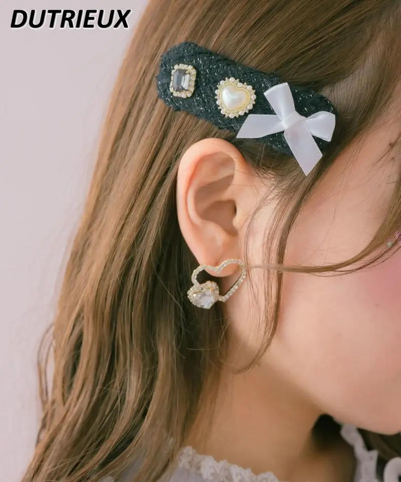 

Lolita New Headwear Rojita Accessories for Women Socialite Japanese Style Love Pearl Diamond Bow Barrettes Sweet Cute Hairclips