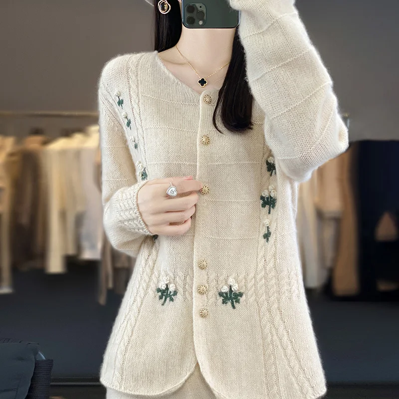 Women Cardigans 100% Cashmere And Wool Knitted Jackets 2023 Winter Warm Soft  Long Sleeve Female Sweaters 3Colors Tops NJ01