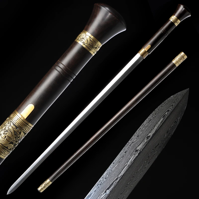 Espada de caña china, hoja de Damasco de acero doblada, vaina afilada de madera de ébano Real, palo para caminar hecho a mano, espada, arma de dragón, Katanas