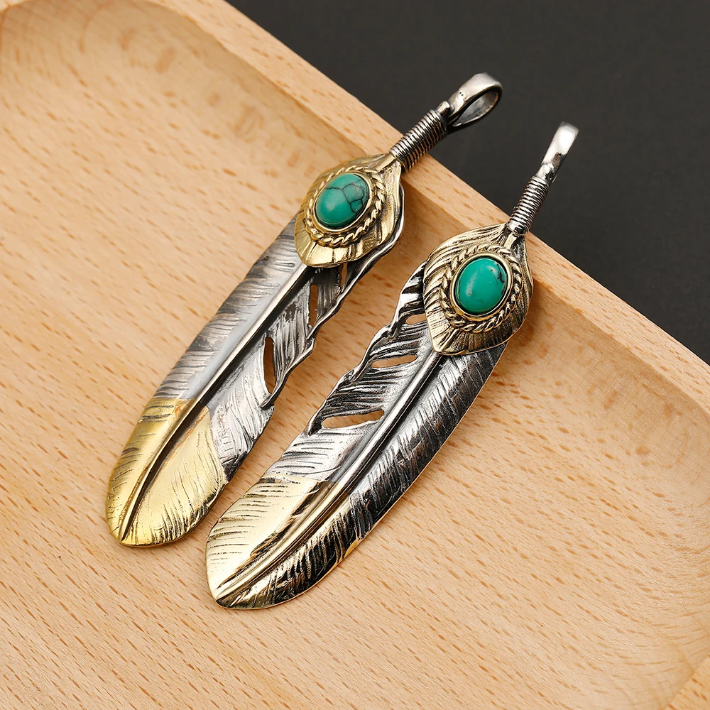 Pure 925 Sterling Thai Silver Feather Pendant Turquoise Charms Japanese Retro Jewelry For Men Goros Takahashi Blue Necklace Gift