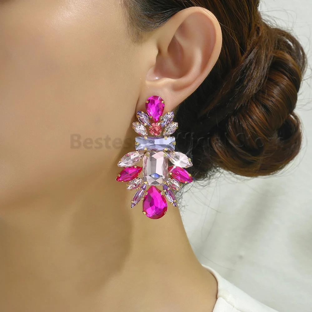

Trend Flower Multicolour Glass Decor Drop Earrings For Women Luxury Designer Exaggerated Elegant Ear Jewelry Geometric Girl Gift
