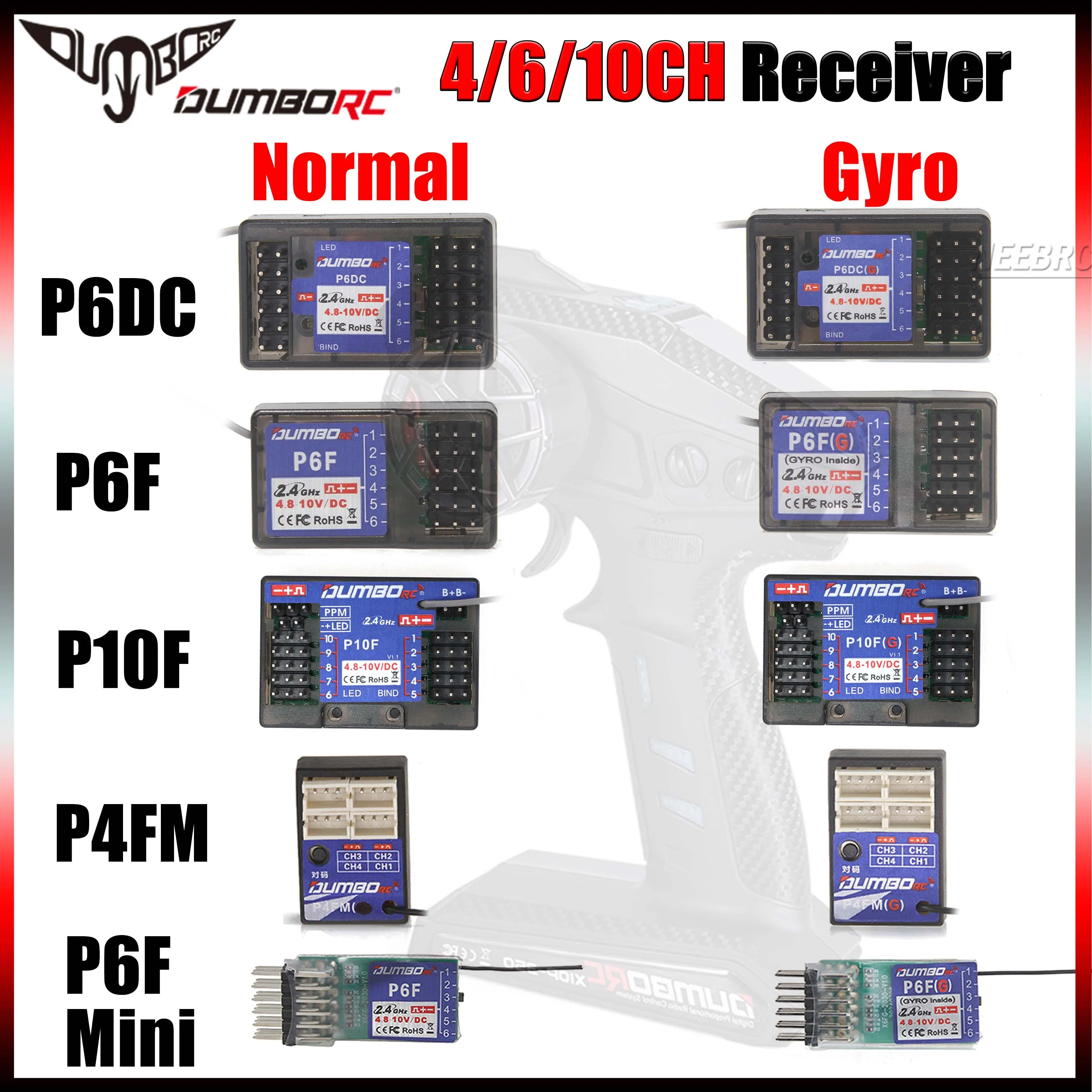 DUMBORC P6DC P6F P10F P4FM P6F Mini 4CH 6CH 10CH Nomal/Gyro Receiver Voltage Return for Transmitter DDF-350 X4 X6 RC Car Boat