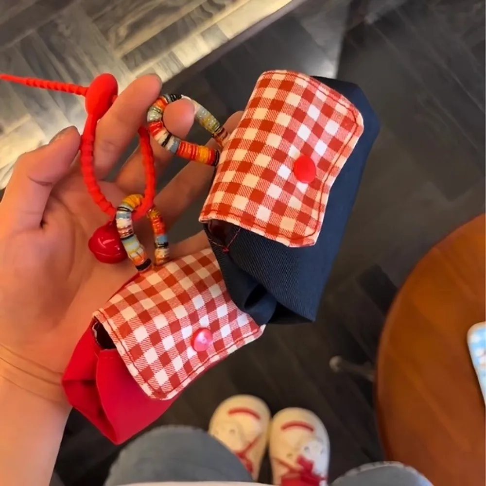 

Cute Canvas Plaid Storage Bag Zipper Korean Style Earphone Bag Hanging Keychain Ethnic Style Coin Purse Ladies