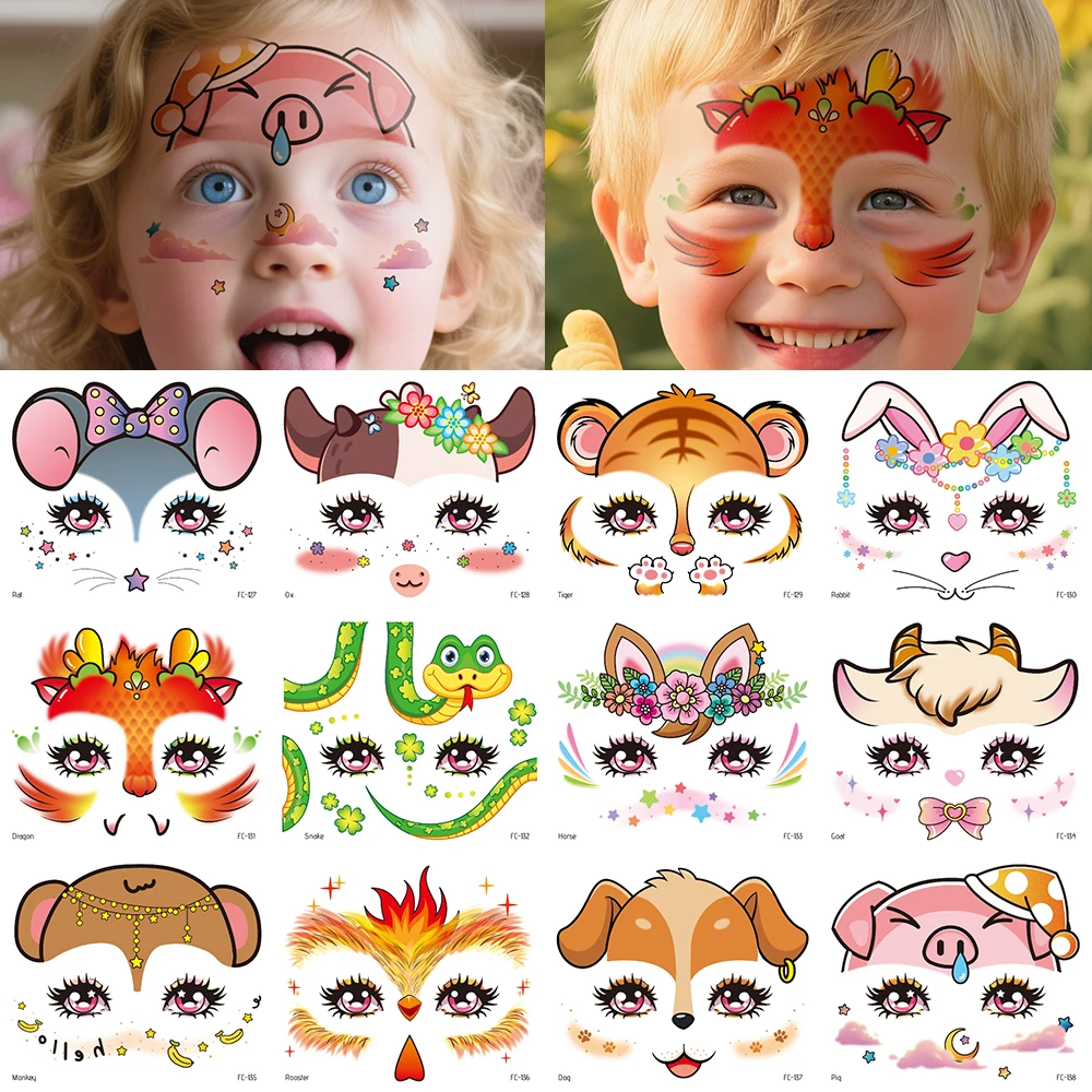 

12Pcs Zodiac Signs Face Stickers Temporary Tattoos Waterproof Animal Series Fake Body Paint for Party Festival Birthday Christma