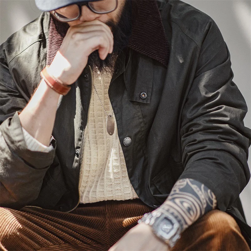 

Maden Vintage Oil Wax Fiing Jaet American Retro Spey Outdoor Collar Men's Autumn Faion Urban Sle Long Sve Zipper