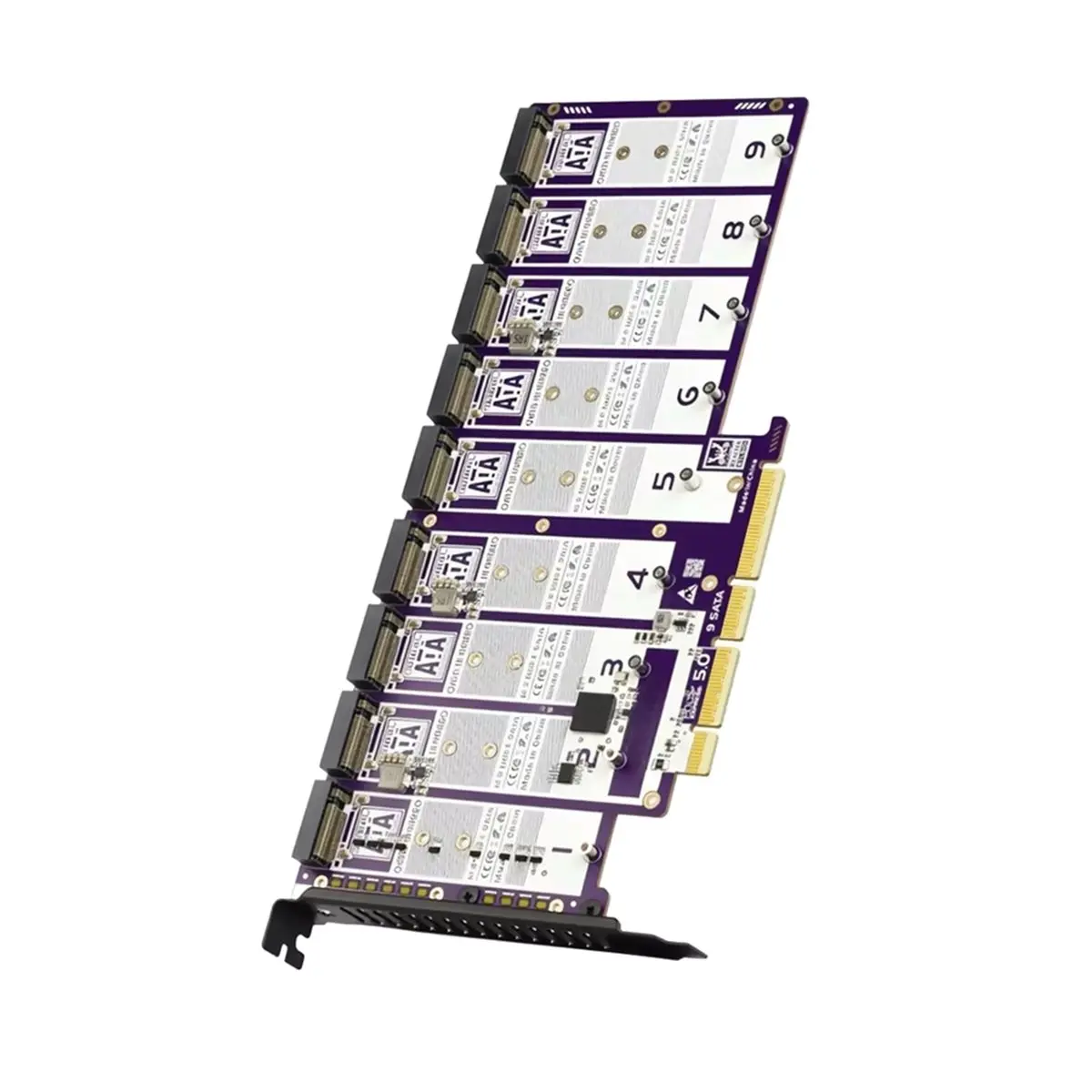 【POPULAR PICK】-9-Bay PCIe 5.0 to X16 M.2 SATA Adapter 16Gbps Supported 2280 NGFF SATA SSD Supports PCIe X4/X8/X16 Supports 0/1/5