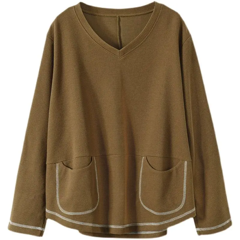 

Waffle Open Wire Design Pullovers Women Spring Autumn Trendy 2025 New in Artistic Fashion Casual Loose Pullover V-neck Tops