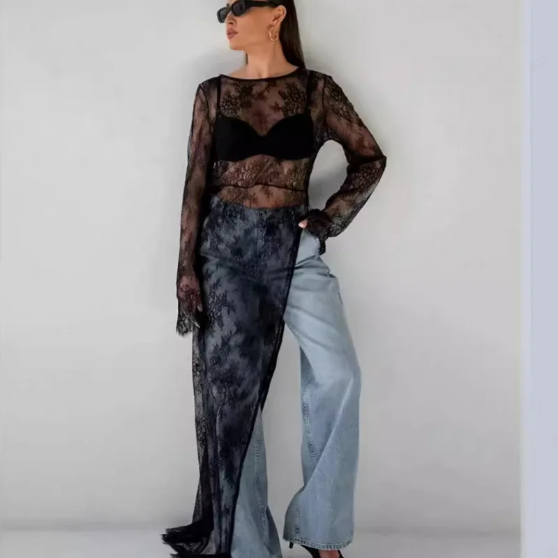 TOY-Nuovo abito diviso in pizzo trasparente con senso del design, copricostume a maniche lunghe con scollo tondo per i pendolari estivi e autunnali