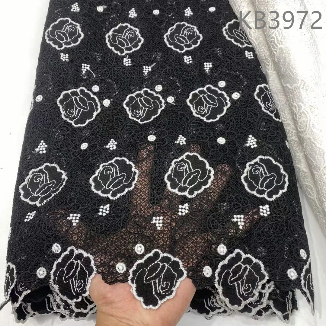 Latest Nigerian White Guipure Cord Lace Fabric African Guipure 2024 Black Guipure Cord Tulle Lace With Sequins For Sewing KB3972