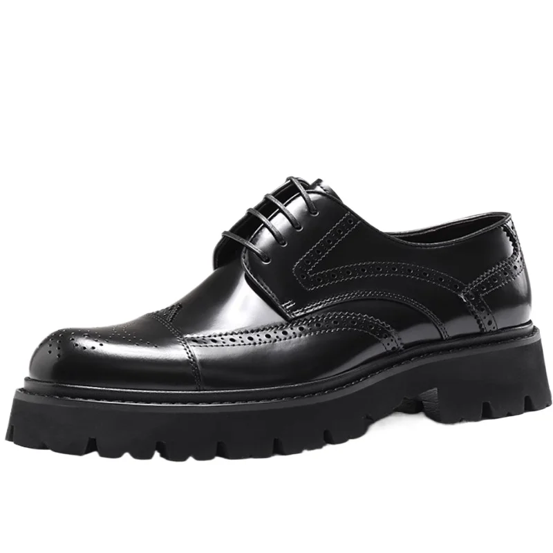 

European/American Black Carving Design Thick Soled Height Increasing Shoes Men's Dress Shoes Genuine Leather Wedding Derby Shoes