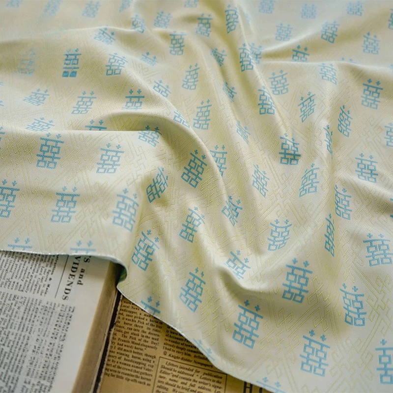 

Yellow Blue Double Happiness Jacquard Fabric Cream Tone Gentle-Style Material Spring Autumn Women's Apparel Floral Decoration