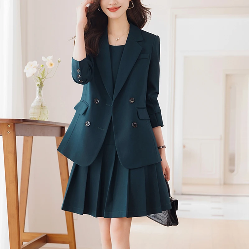 ZJYT Autumn Elegant Office Lady Double Breasted Blazer+Tank Dress Two Pieces Suits Outfit Women Plus Size Clothing Vestidos New