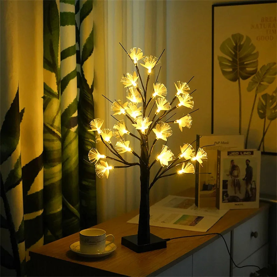 Luz LED de árbol de flores de fibra óptica, 60CM, 24 luces LED alimentadas por USB, lámpara de árbol de espíritu, luz de árbol bonsái para decoración de mesita de noche de escritorio