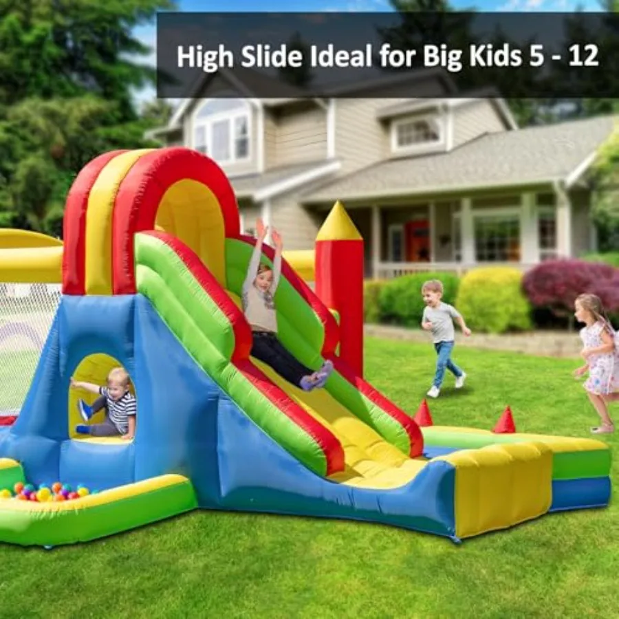 Casa grande de salto para crianças grandes – Parque infantil inflável com escorregador alto, parede de escalada, piscina de água, poço de bolinhas saltitantes, túnel, rin