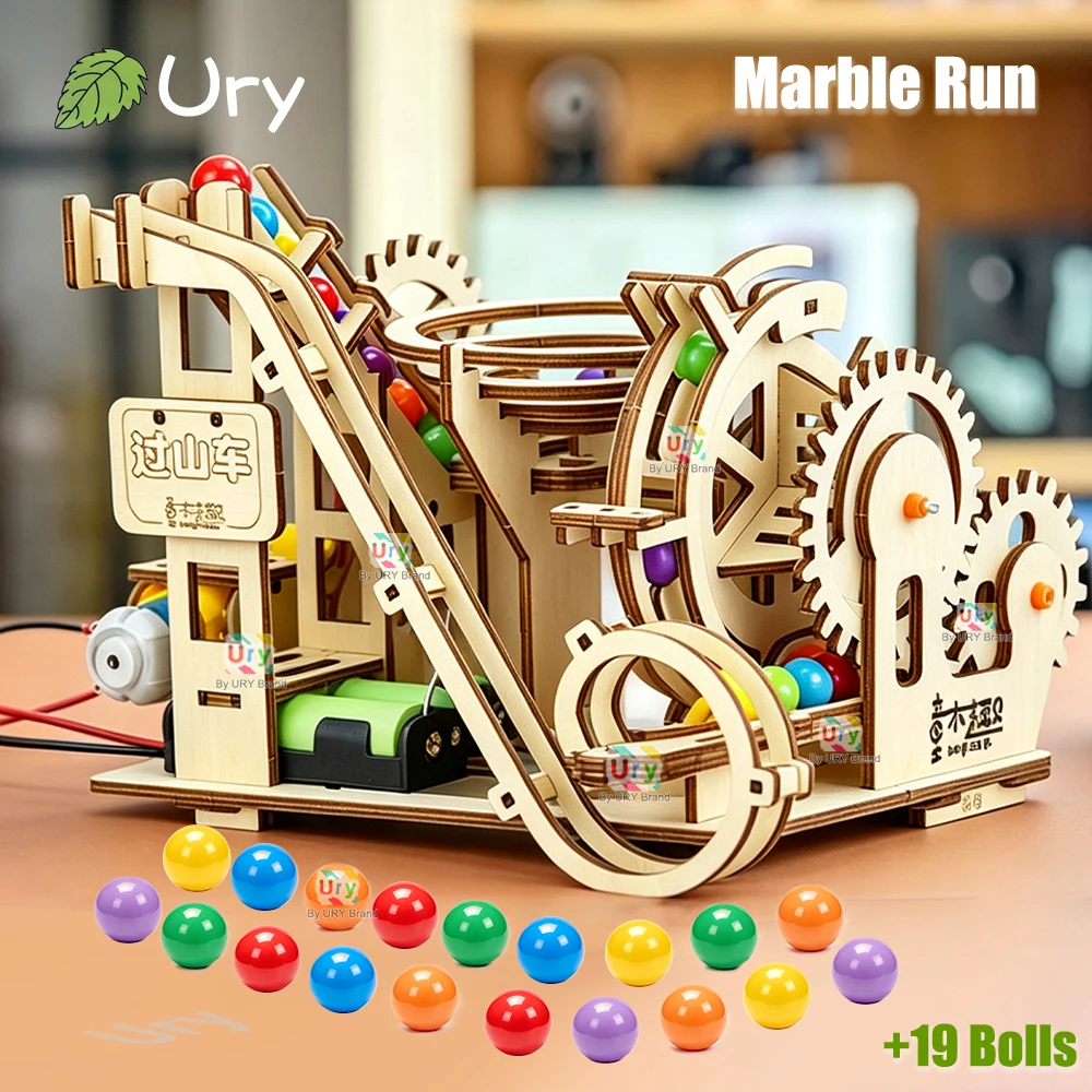 Ury 3D Wooden Puzzle Electric Track Device Ladder Climbing Marble Run Set Mechanical Counter Model Ball Maze Assembly Gifts