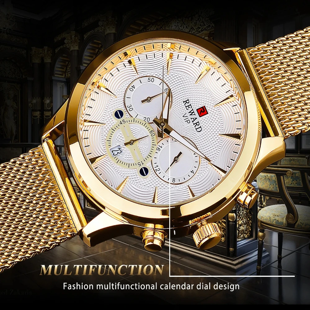 مكافأة 82008 ساعات الأعمال حركة الكوارتز أزياء الرجال الذهب الفولاذ المقاوم للصدأ ووتش الفاخرة التقويم ساعات كوارتز للرجل