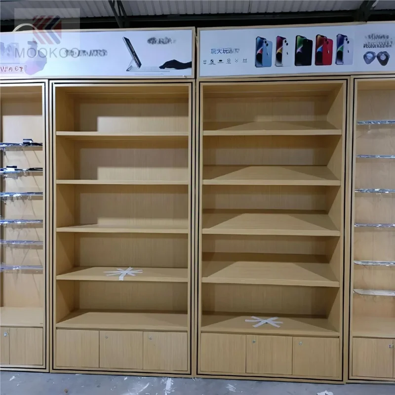 custom.Mobile Phone Shop Display Cabinet Wall Mounted Display Mobile Electronic Parts Steel Wood Shelf Display Stand view 2