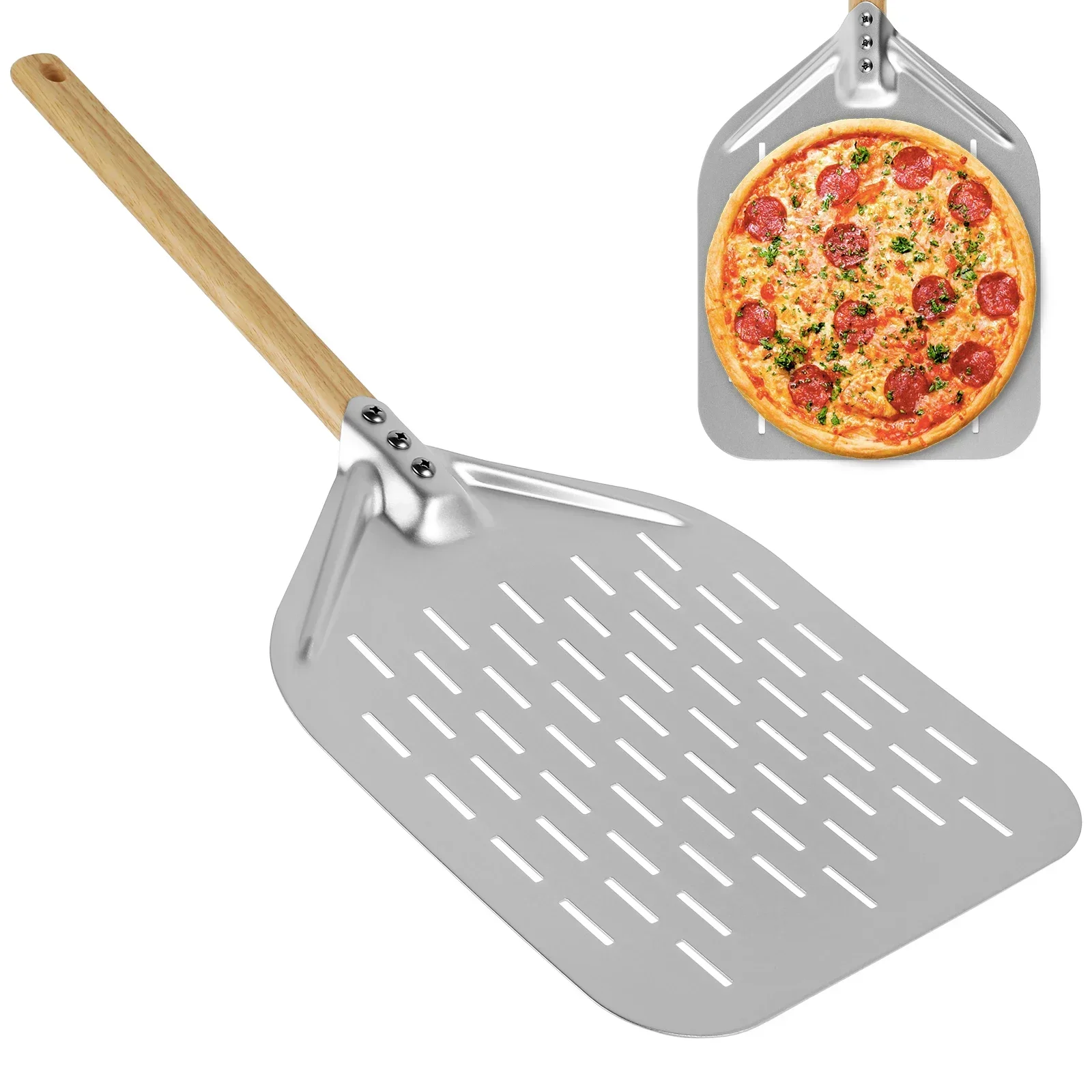 

12inch Aluminium Alloy Pizza Shovel with Wood Handle Non-Stick Perforated Pizza Shovel Lightweight Pizza Peel Shovel Baking Tool