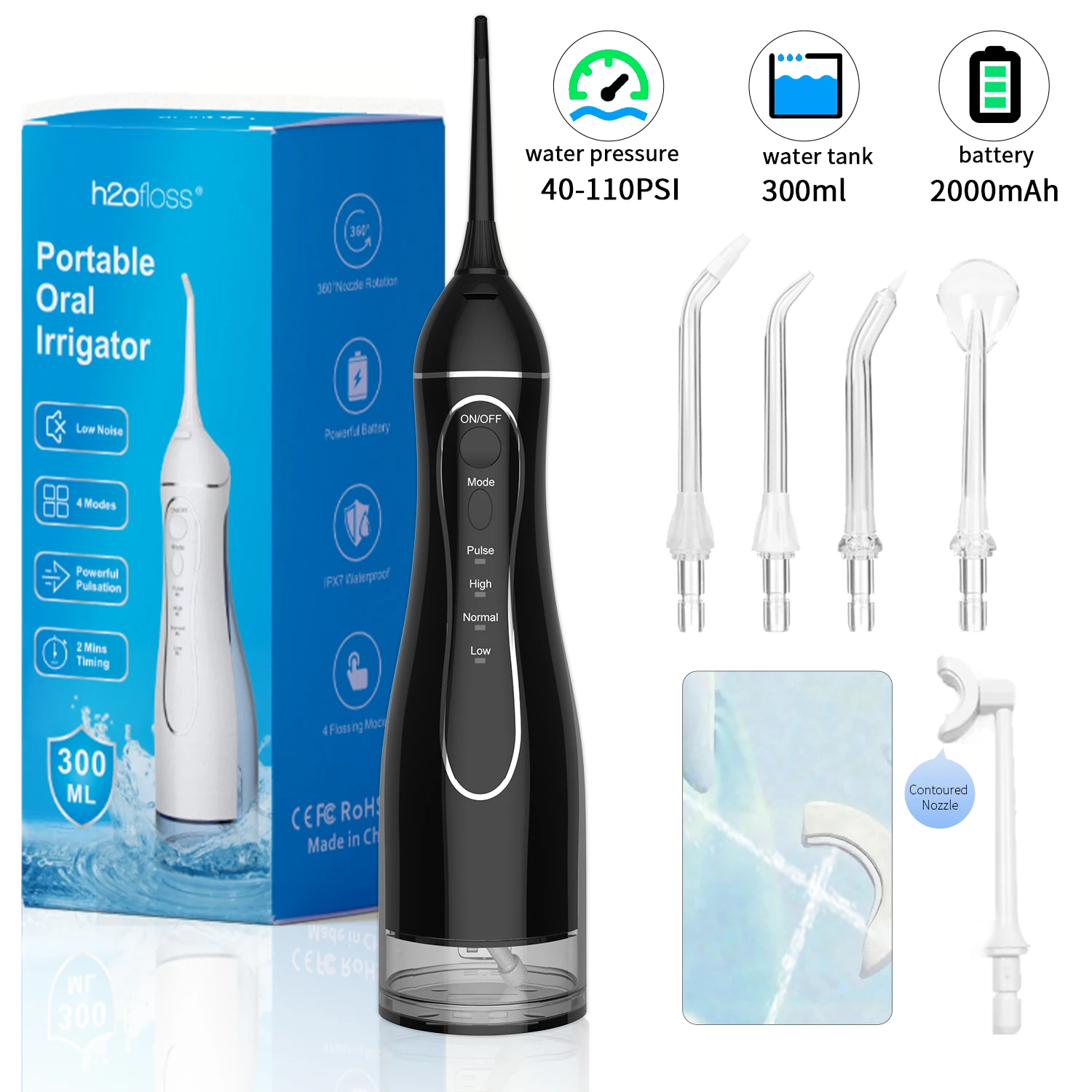 H2ofloss Water Flosser 300ml Oral Irrigator 140PSI with Gravity Ball Design 5 Modes 5 Tips USB Rechargeable for Teeth Cleaning